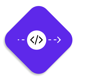 A purple and white square with a coding symbol on it.