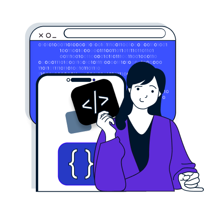 A woman holding a laptop with a coding symbol on it.